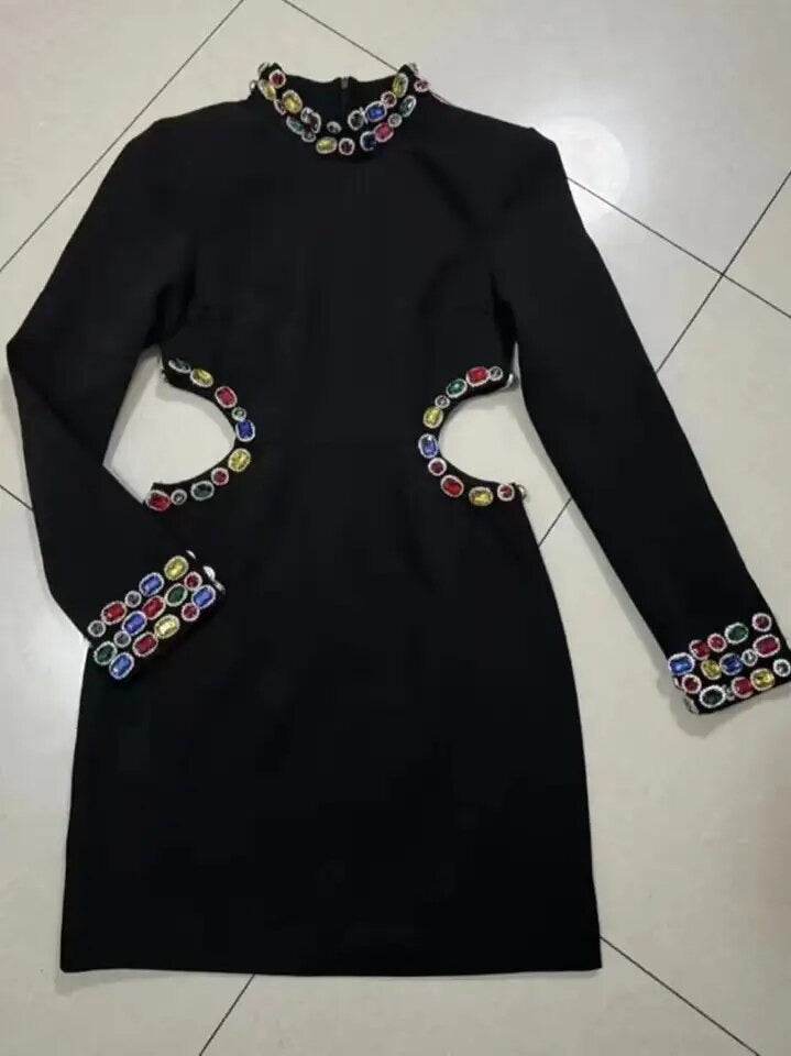 Hollow Long sleeved High necked Diamond Tight Mini Dress - REBECATHELABEL