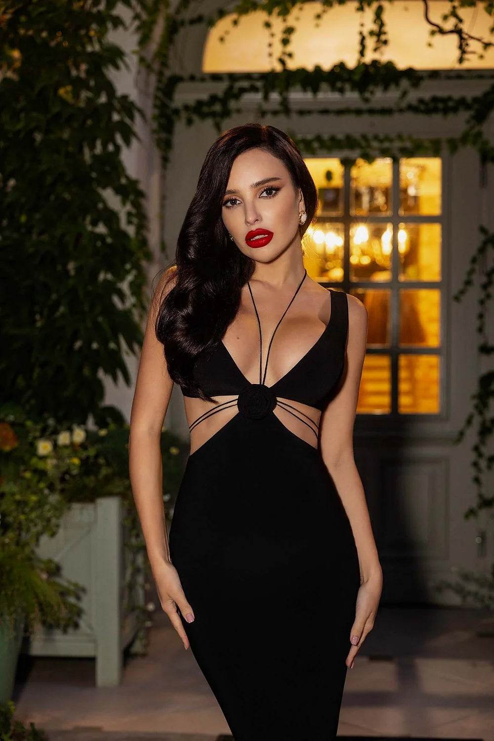 Hollow Out Sleeveless Halter Slim Midi Dress - REBECATHELABEL