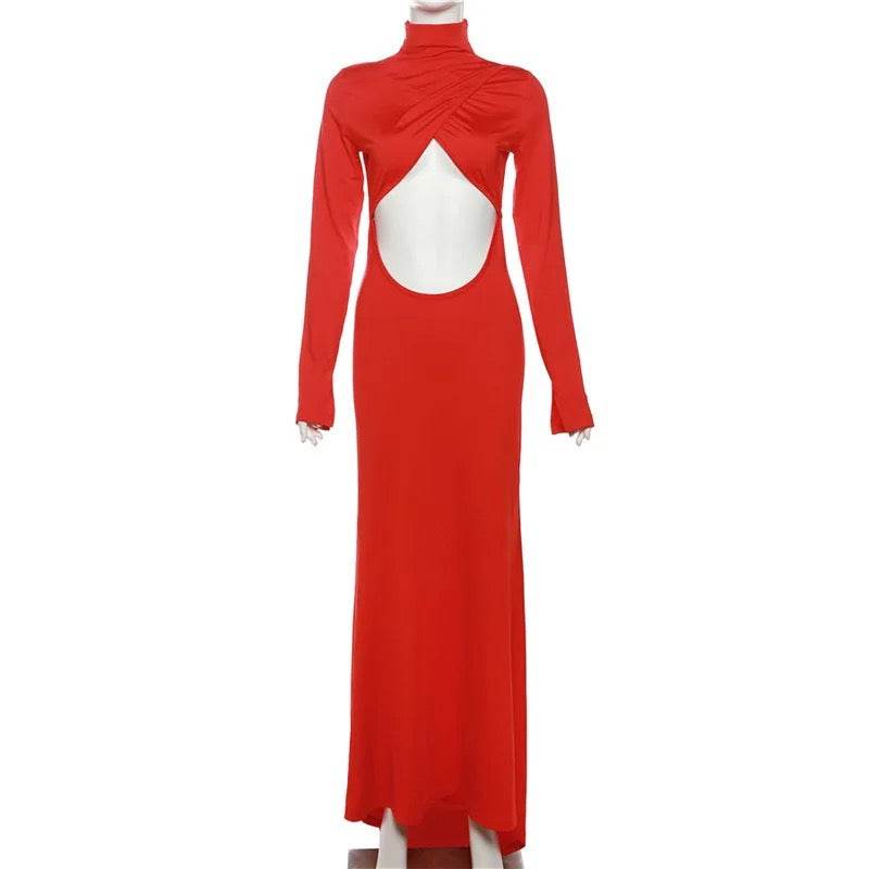 Backless High Waist Long Sleeve Narrow Dress - REBECATHELABEL