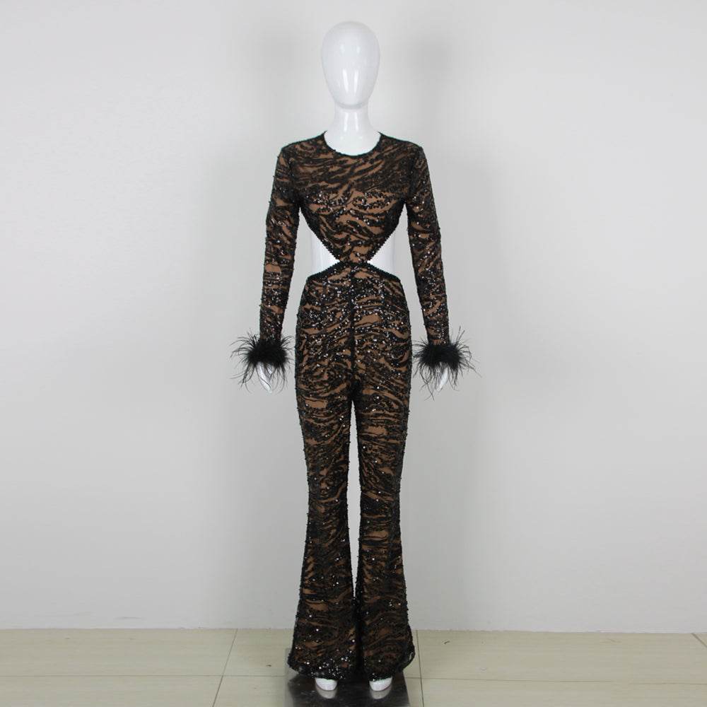 Leatrice sequin feather jumpsuit - REBECATHELABEL