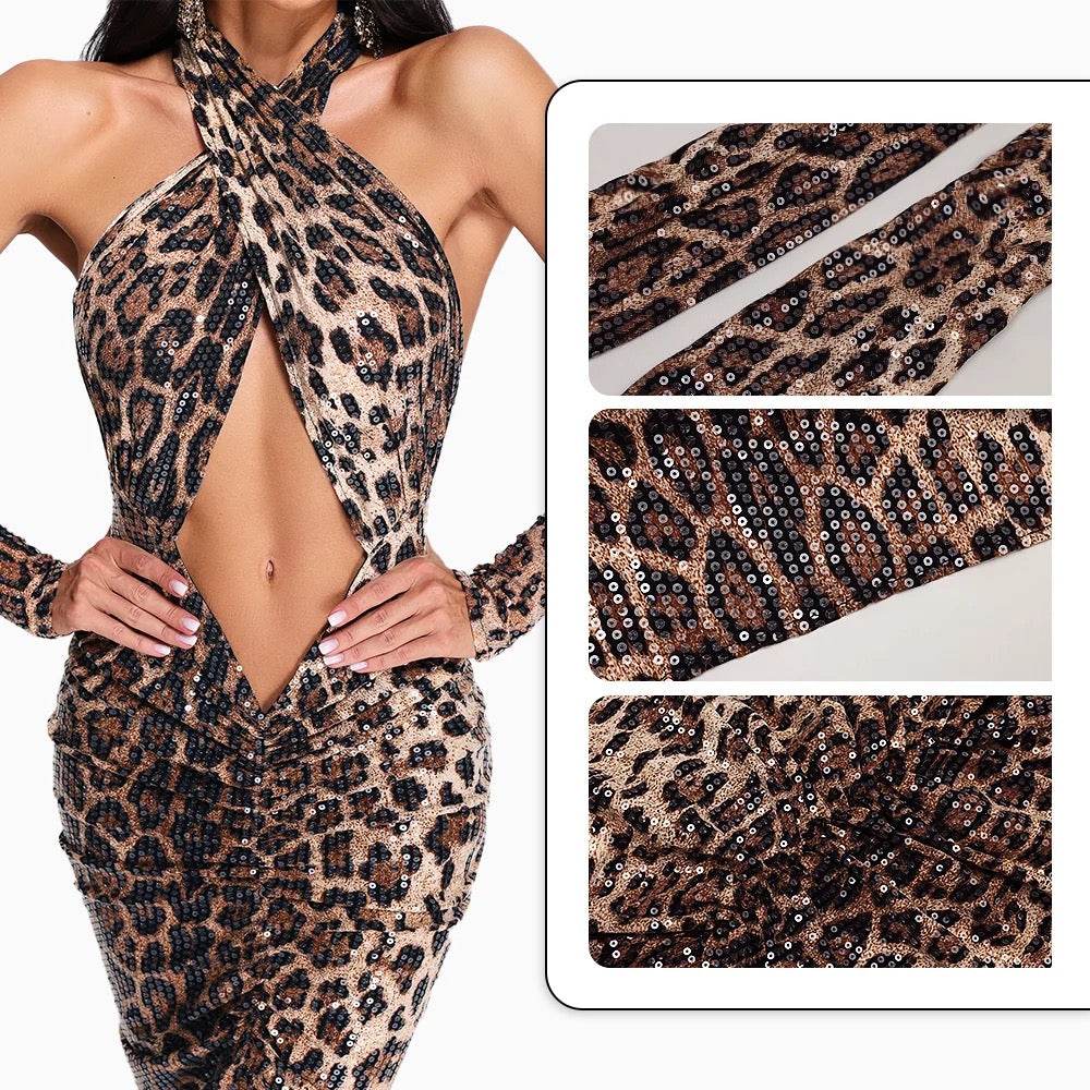 Leopard Sequins Cross Hanging Gloves Neck Backless Dress - REBECATHELABEL