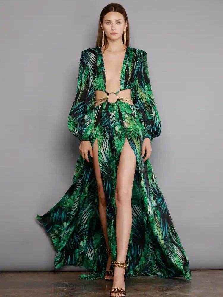 Long Sleeve Cutout Chain Patchwork Long Dress