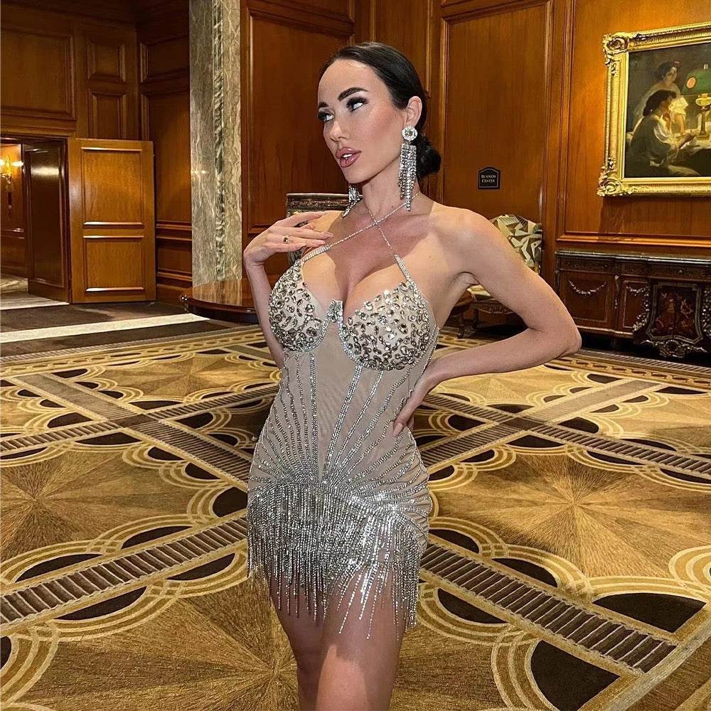 Lulu Halterneck Embellished Fringe Mini Dress - REBECATHELABEL