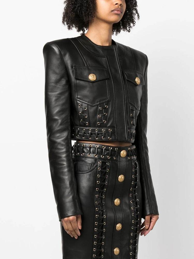 Malian Leather Cropped Jacket skirt set - REBECATHELABEL