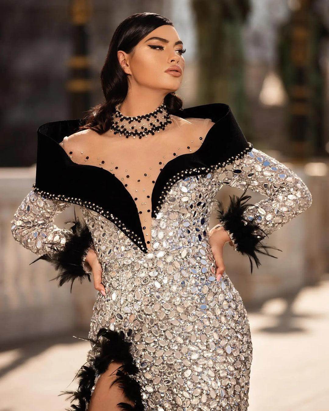 Natali Embellished Plunge Split Gown - REBECATHELABEL