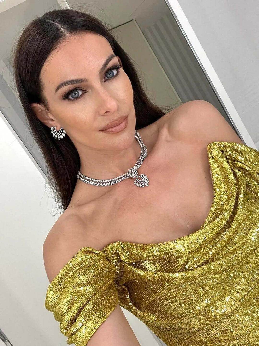 Neshel Off Shoulder Gold Sequin Maxi Dress - REBECATHELABEL