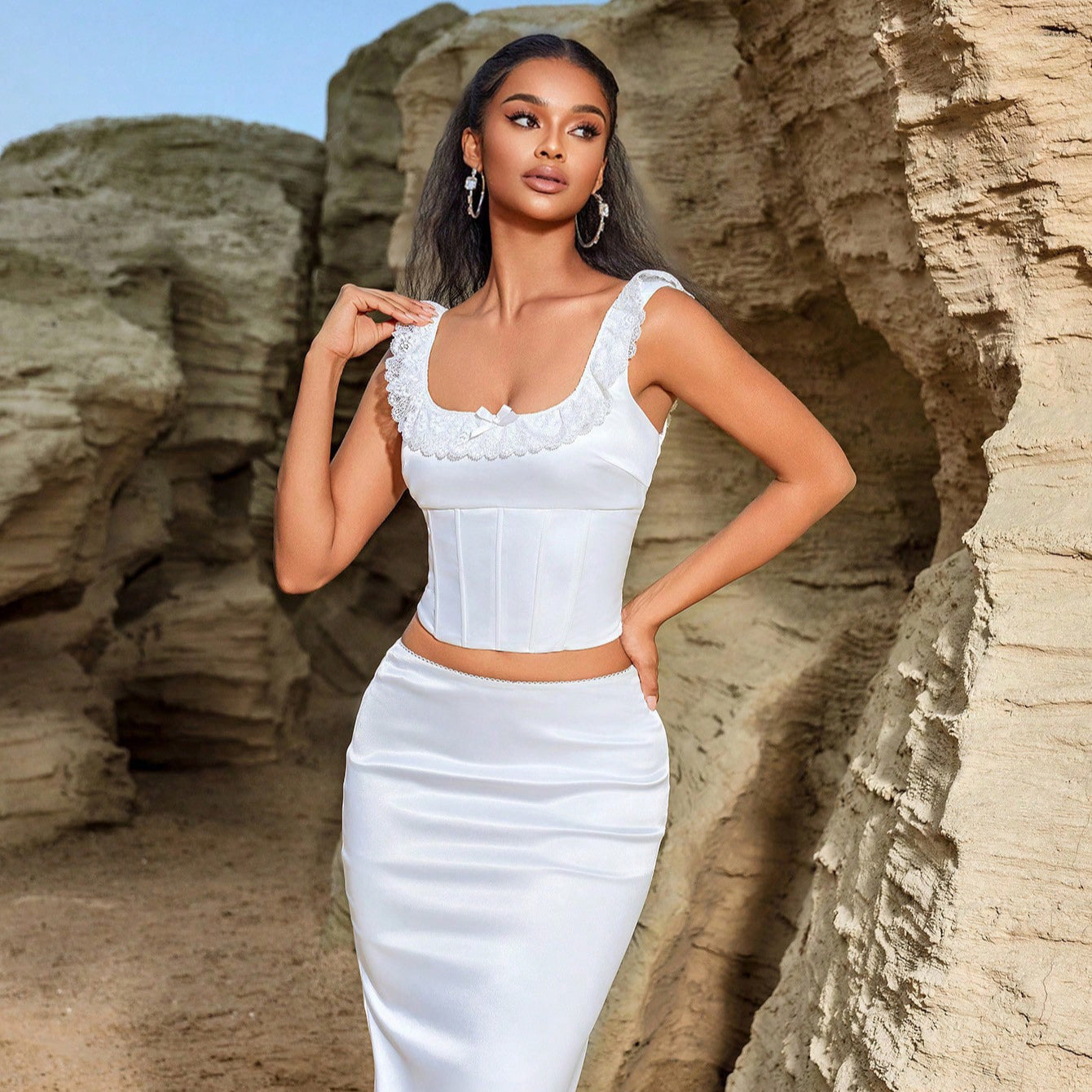 Summer Lace Maxi Dress Sleeveless Back Tied Top Exquisite Elegant Slim Small Trailing Skirt Set