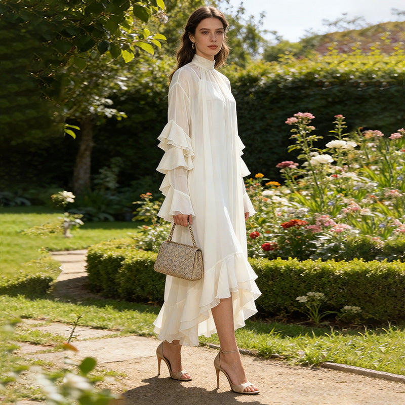 High Neck Ruffled Sleeve Irregular Neck Loose Slimming Two Piece Dress