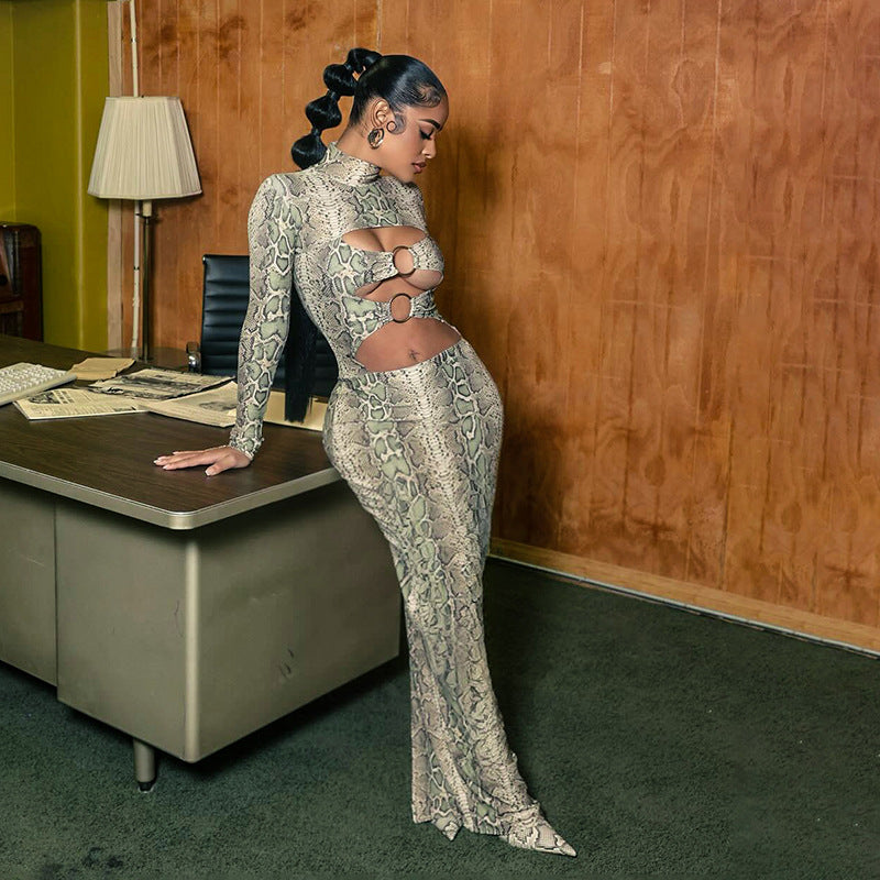 Snake Pattern Printed Sexy Slim Fit Ring Long Sleeve Hollow Out Cutout out Maxi Dress