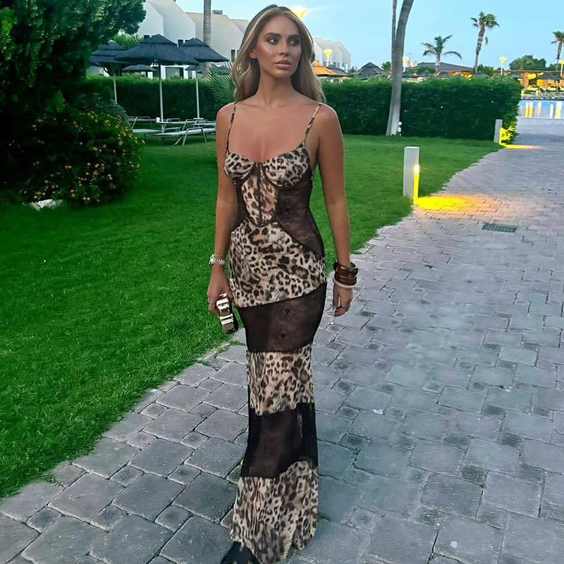Suspenders Leopard Print Lace Stitching Sexy See through Dress