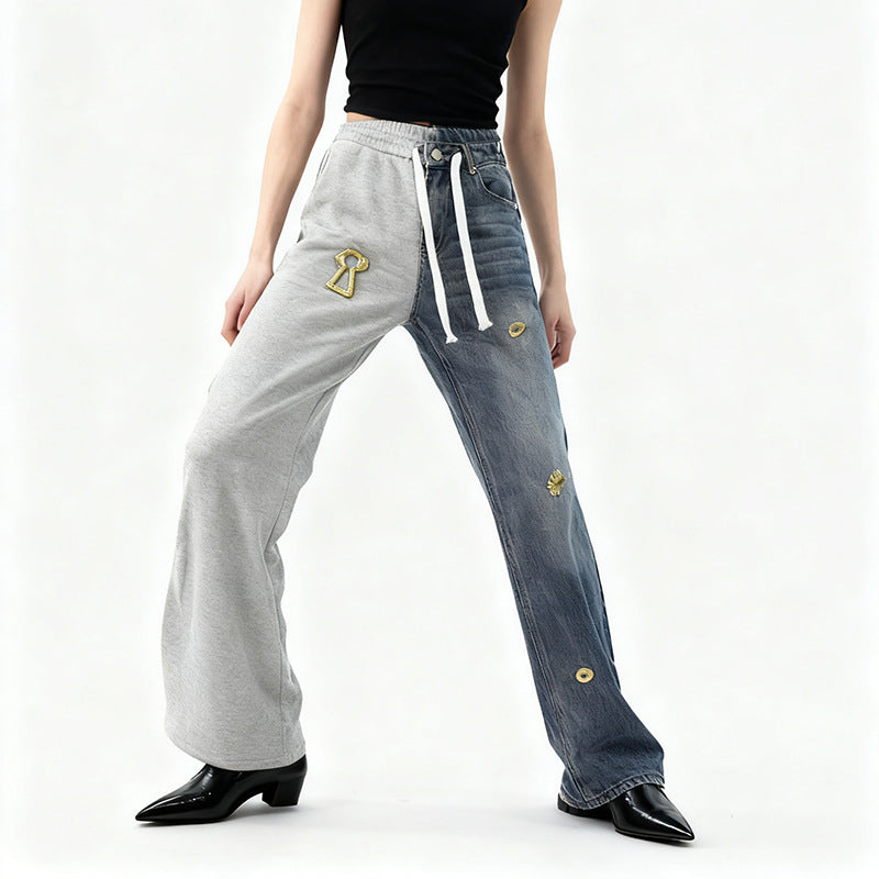 Street Stitching Jeans Niche Contrast Color Straight Leg Trousers