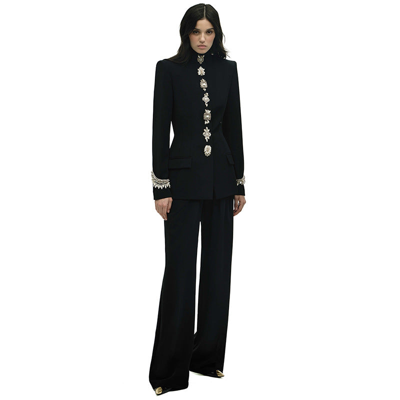 Early Autumn Star Bead Diamond Stand up Collar Jacket Trousers Two Piece Sets