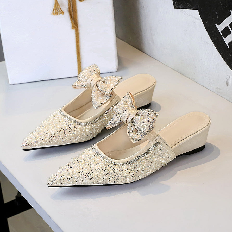 French Fairy Bow Pearl Rhinestone Closed Toe Slippers