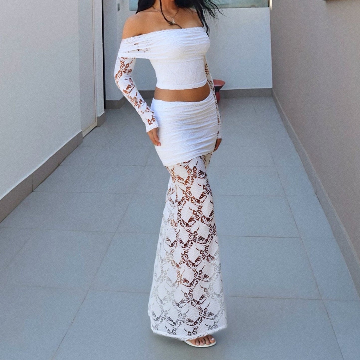 Women Clothing Autumn off Neck Solid Color Tube Top Top High Waist See through Skirt Two Piece Sets