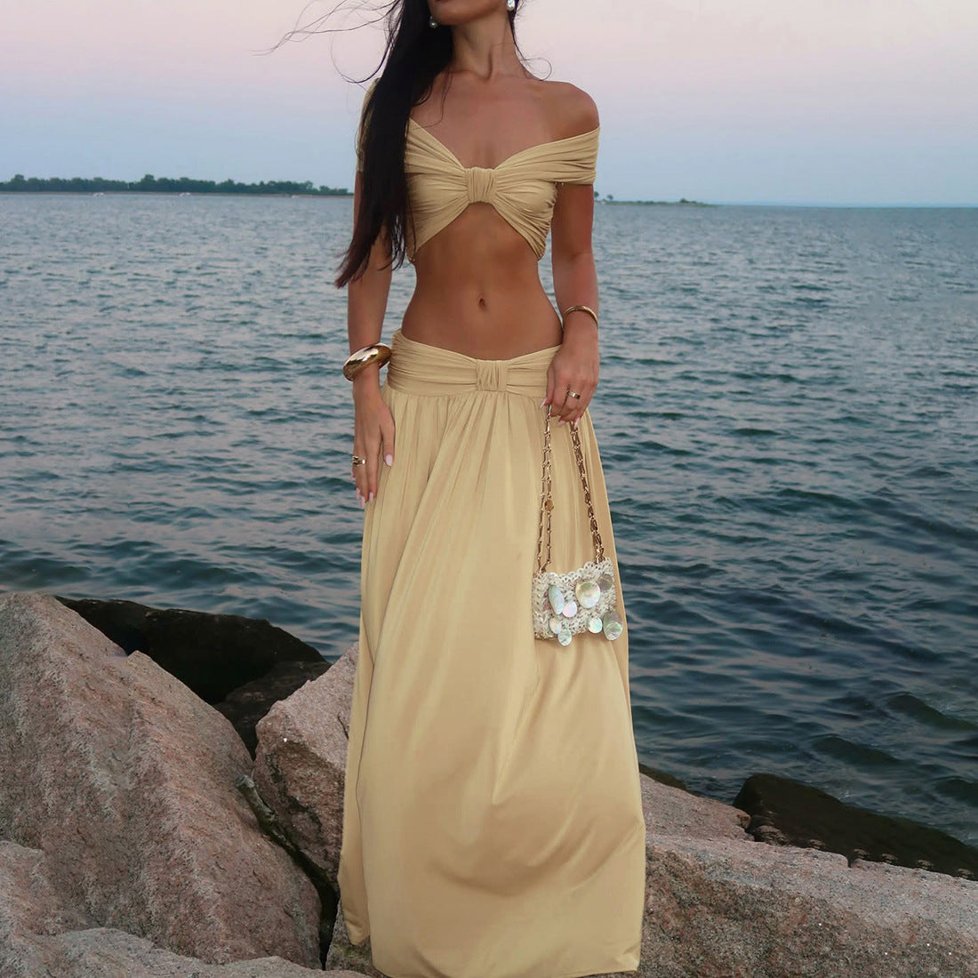 Sexy Tube Top Backless Simple Maxi Dress Two Piece Suit