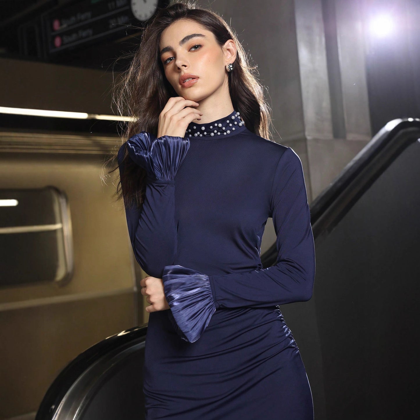 Women Clothing Arrival Slim Pearl Stand Collar Long Sleeve Dress Women Party Dress