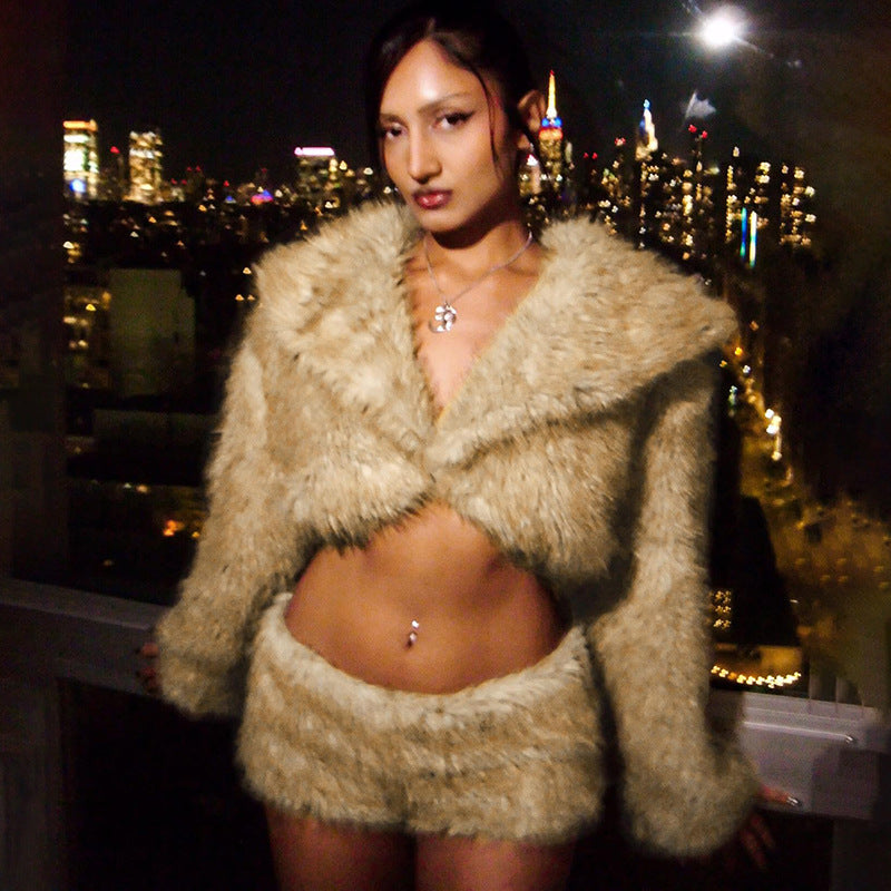 Furry Collared Short Cropped Warm Coat Shorts Two Piece Sets