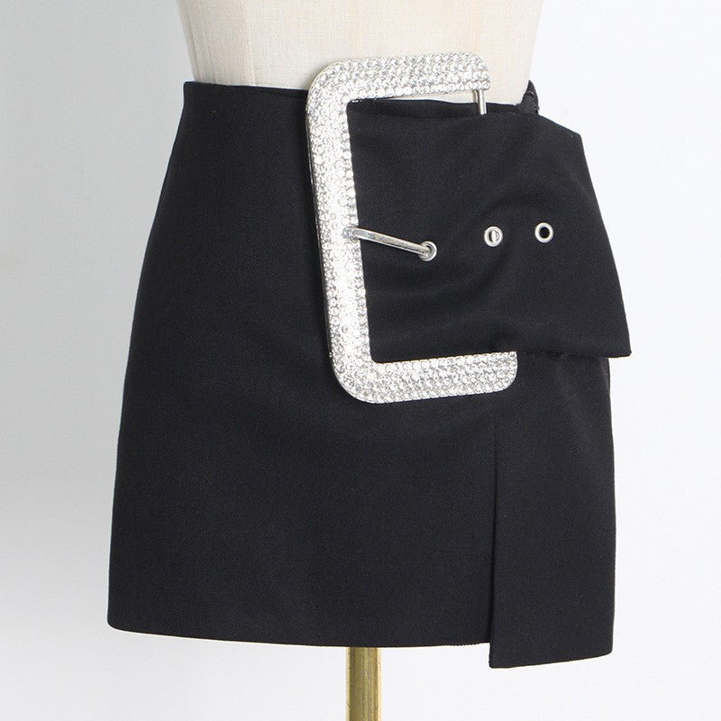 Diamond Embedded Black Skirt Belt Design a Line Skirt