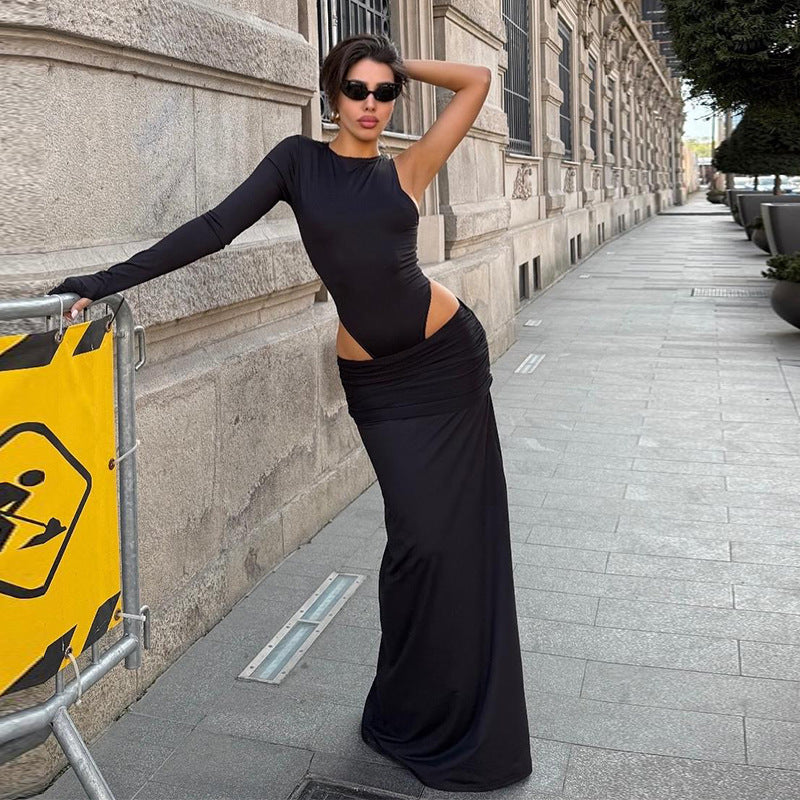 Autumn Autumn Hipster Street All Match Short Long Sleeve Split Mid Length Skirt Set Women