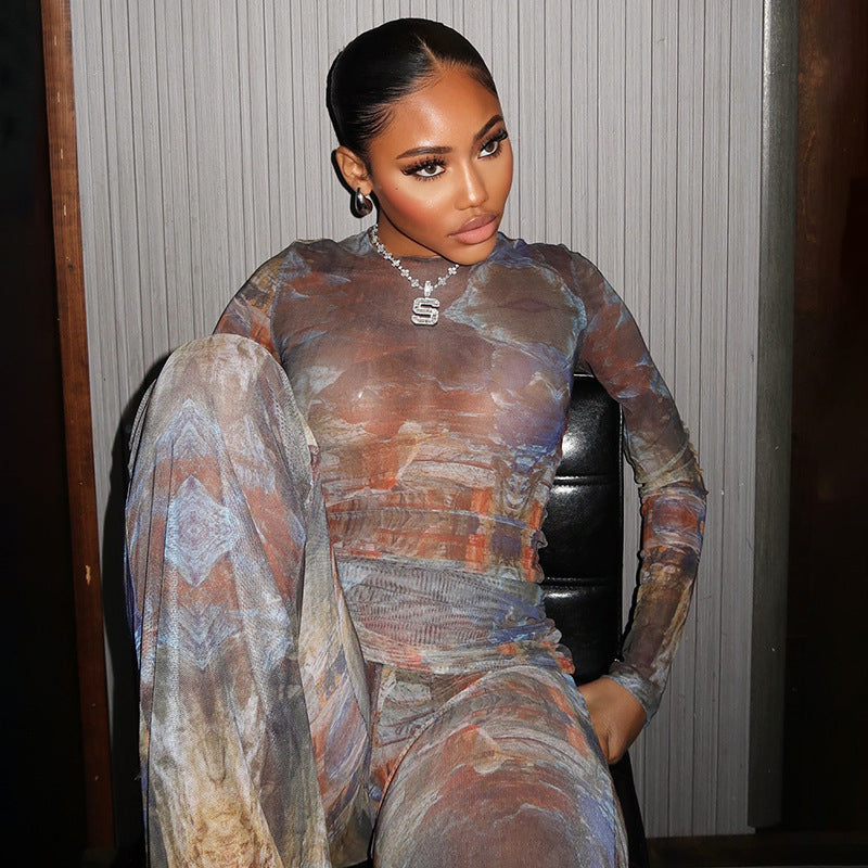 Long Sleeve round Neck Top Sexy See through Slim Fit Trousers Set