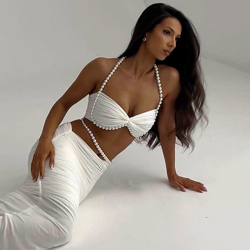 Autumn Winter Women Clothing Pearl Decoration Sexy Cropped Wrapped Chest Low Waist Hip Wrapped Long Skirt Set