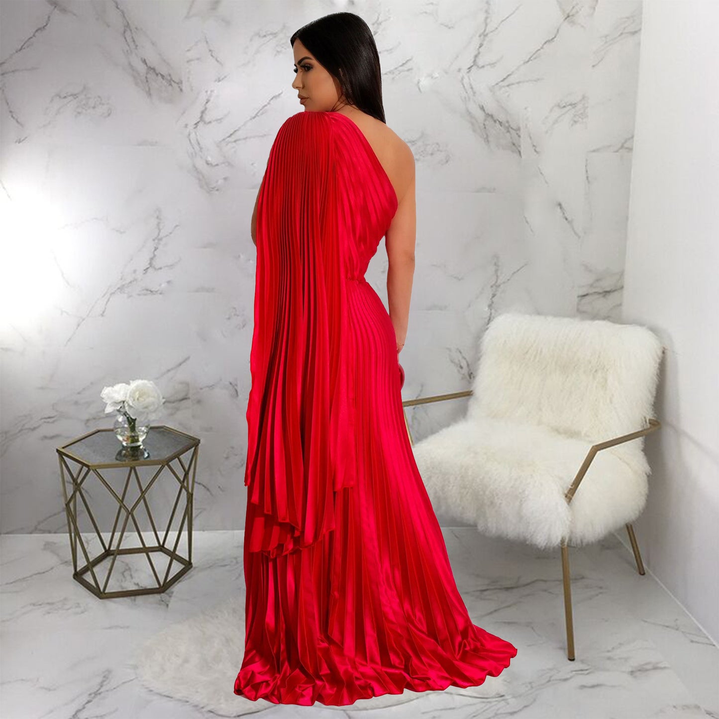 One Shoulder Dress Pleated Diagonal Collar Dress