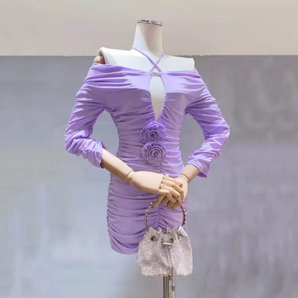 Off Shoulder Long Sleeve Pleated 3D Flower Mini Dress - REBECATHELABEL