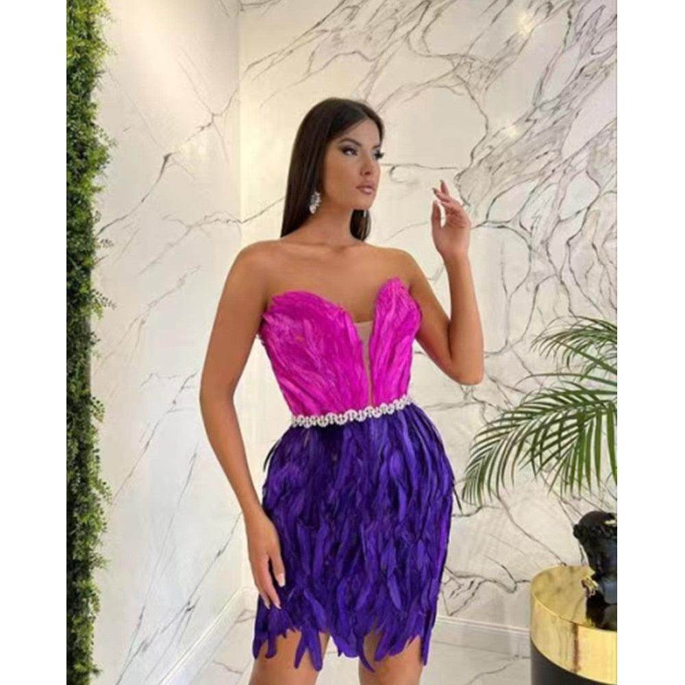 Off Shoulder Sleeveless Feather Mini Dress - REBECATHELABEL