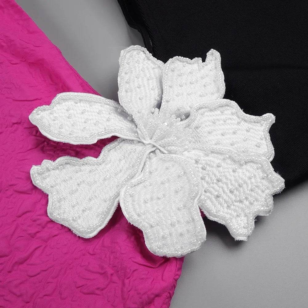 One Shoulder Long Sleeve Hollow Large Flower Long Cut Dress - REBECATHELABEL