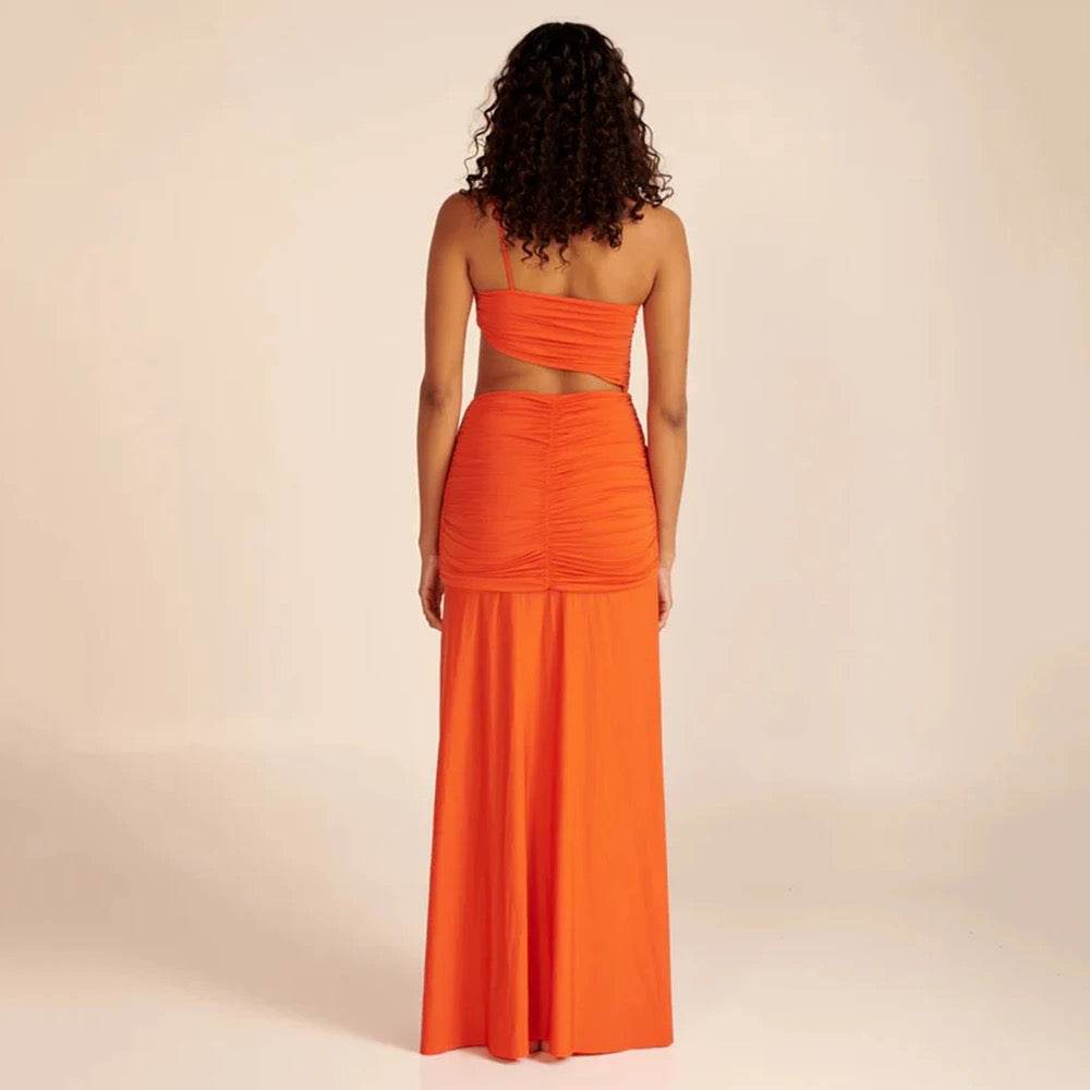 One Shoulder Pleated Hollow out Orange Long Dress - REBECATHELABEL