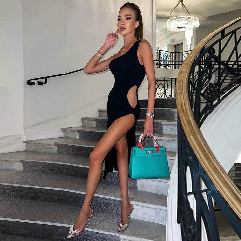 One Shoulder Sleeveless Hollow Tight Midi Bandage Dress - REBECATHELABEL