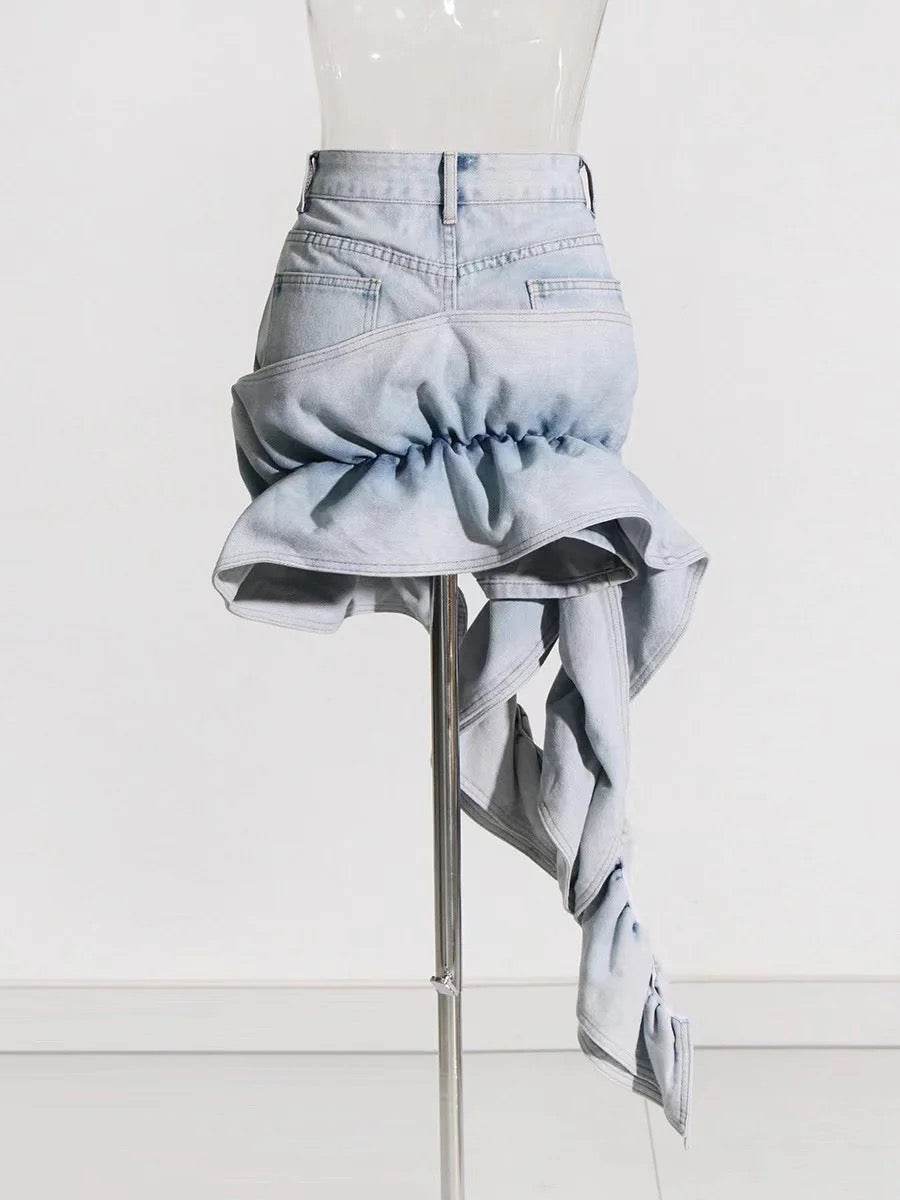 Patchwork Ruched Ruffle Denim Skirt - REBECATHELABEL