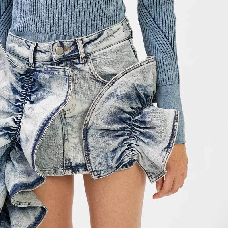 Patchwork Ruched Ruffle Denim Skirt - REBECATHELABEL