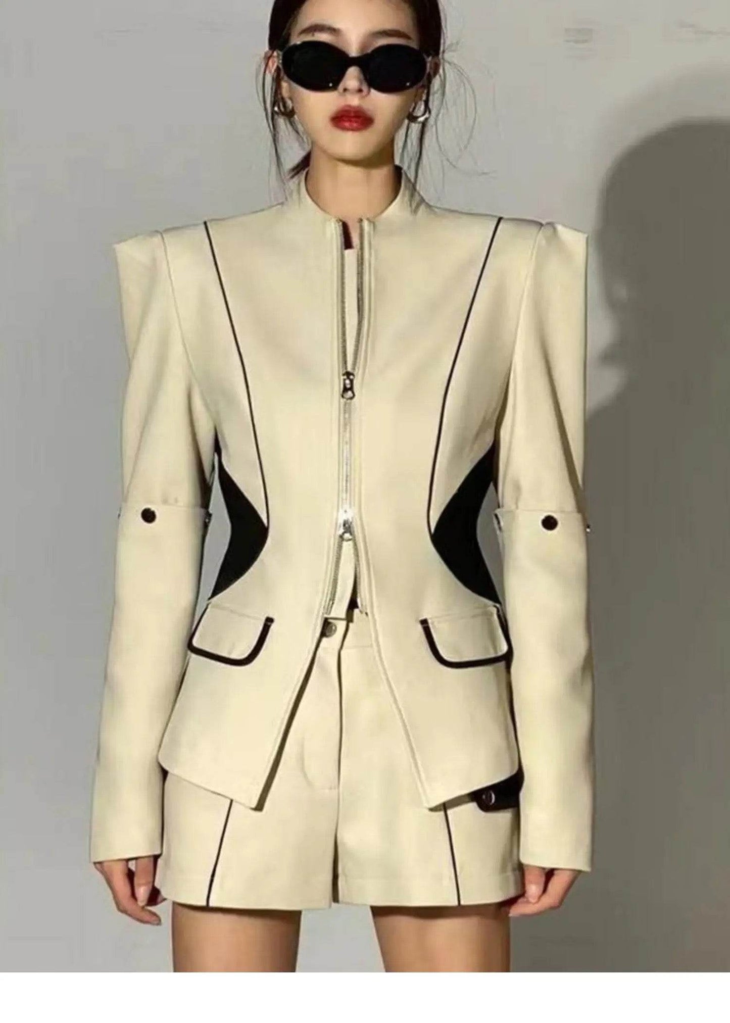 Patchwork Zipper Coat With Crop Camis And High Waist Shorts Three Pieces - REBECATHELABEL