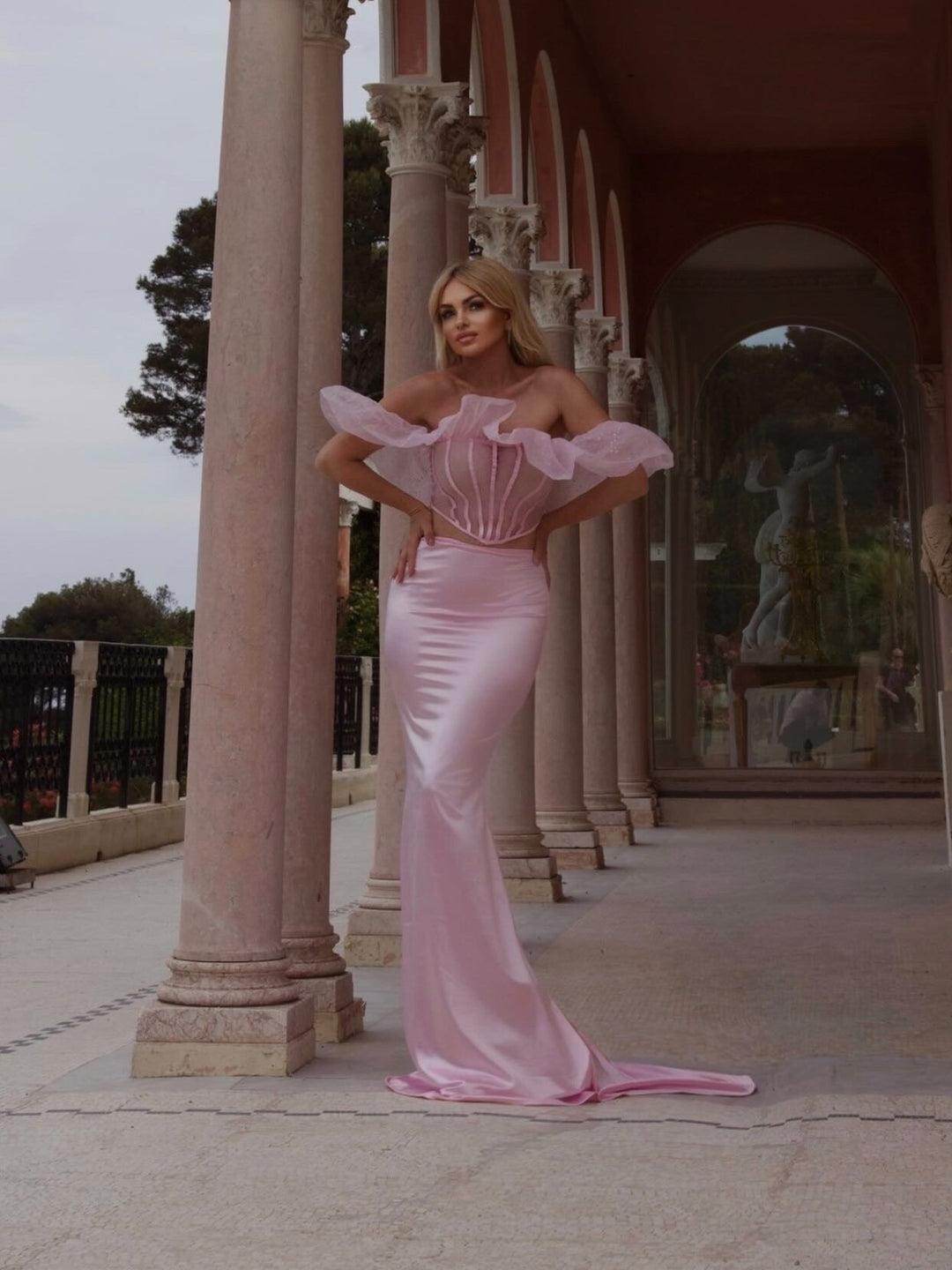 Pink Off Shoulder Corset Skirt Set - REBECATHELABEL