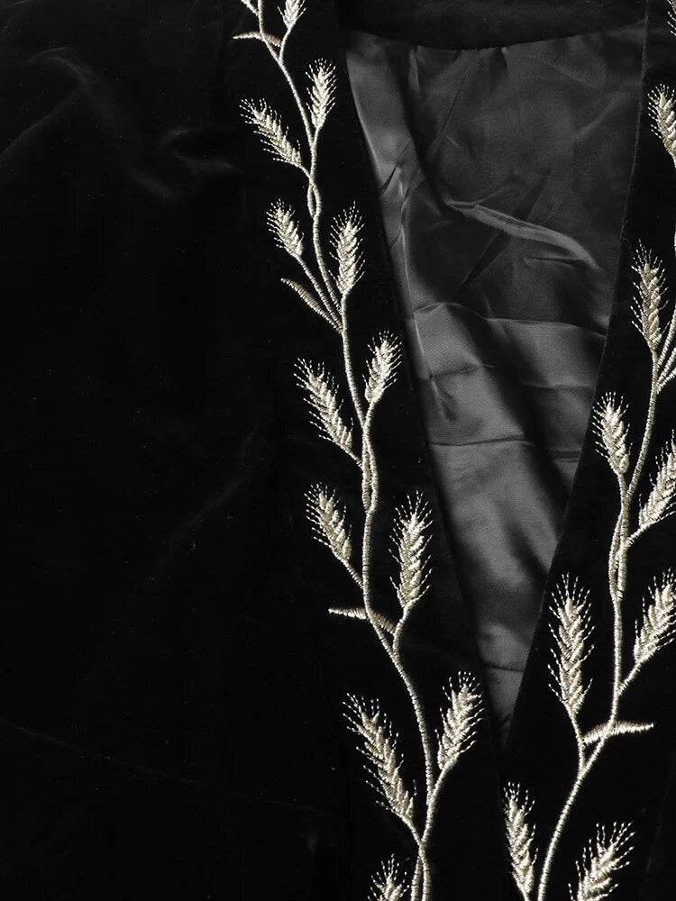 Plants Embroidered Velvet Coat Dress - REBECATHELABEL