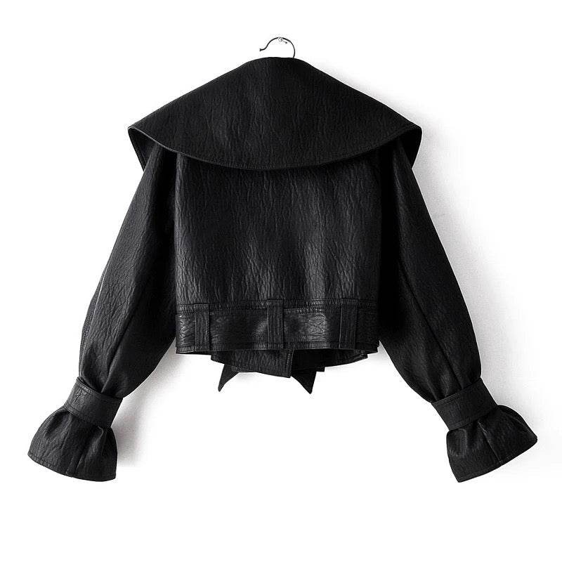 Pu Leather Jackets Short Coat Turndown Collar Belt Lace - REBECATHELABEL