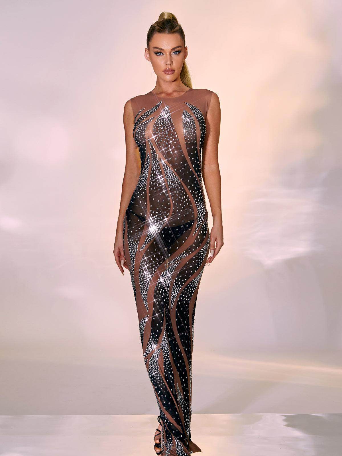 Rhinestone Mesh Maxi Dress - REBECATHELABEL