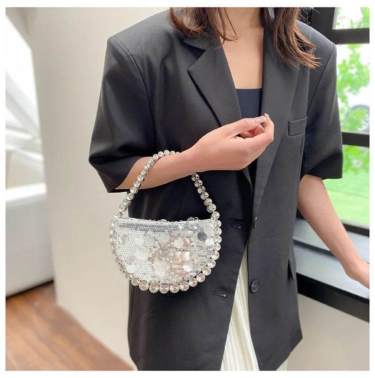 Rhinestone Sequin Clutch In Silver - REBECATHELABEL