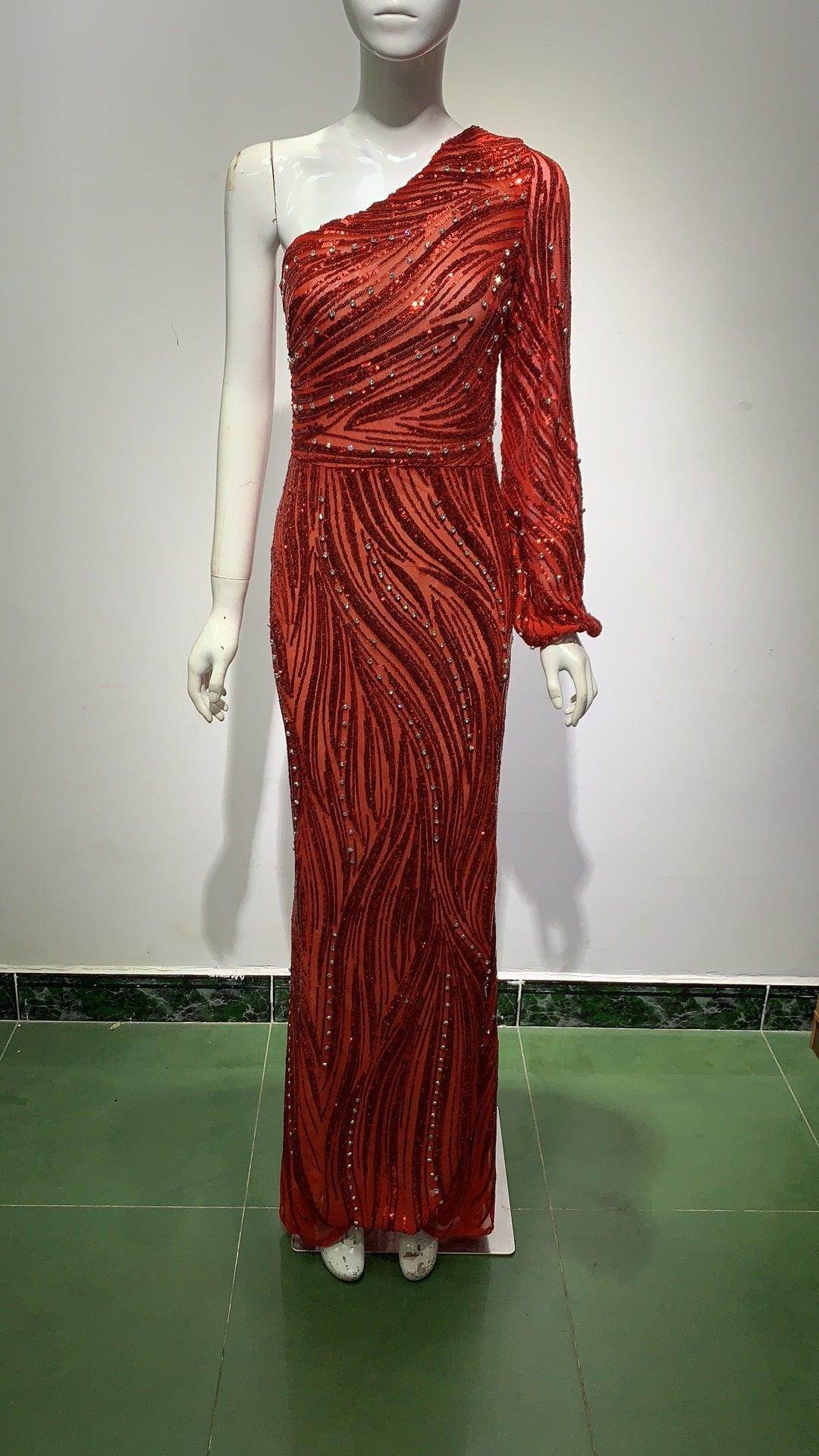 Sequine Diamond Gillter One Shoulder Dress - REBECATHELABEL