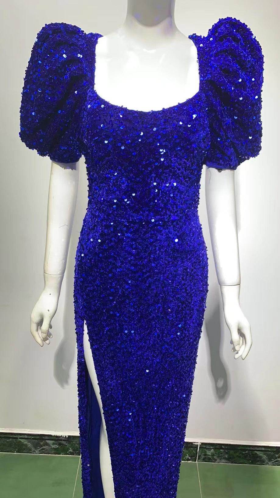 Sequined Glitter Square Collar Puff Sleeve High Split Maxi Dress - REBECATHELABEL