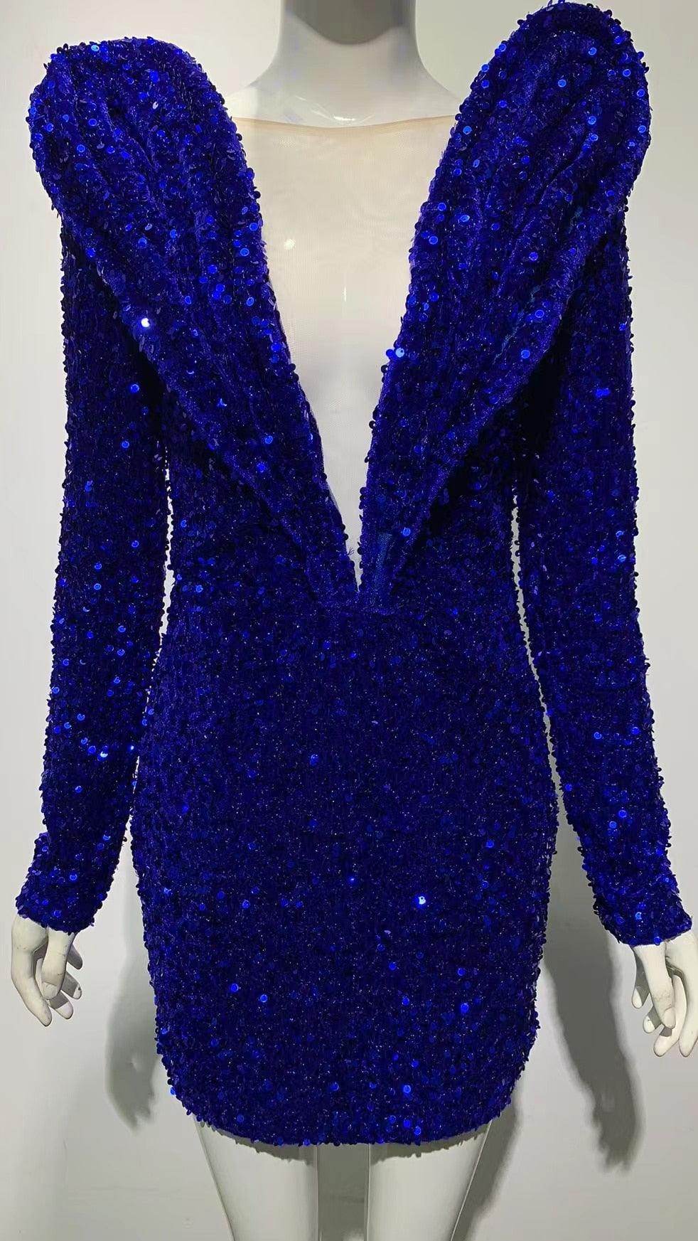 Sequined Mini Sexy Deep V Neck Long Sleeve dress - REBECATHELABEL