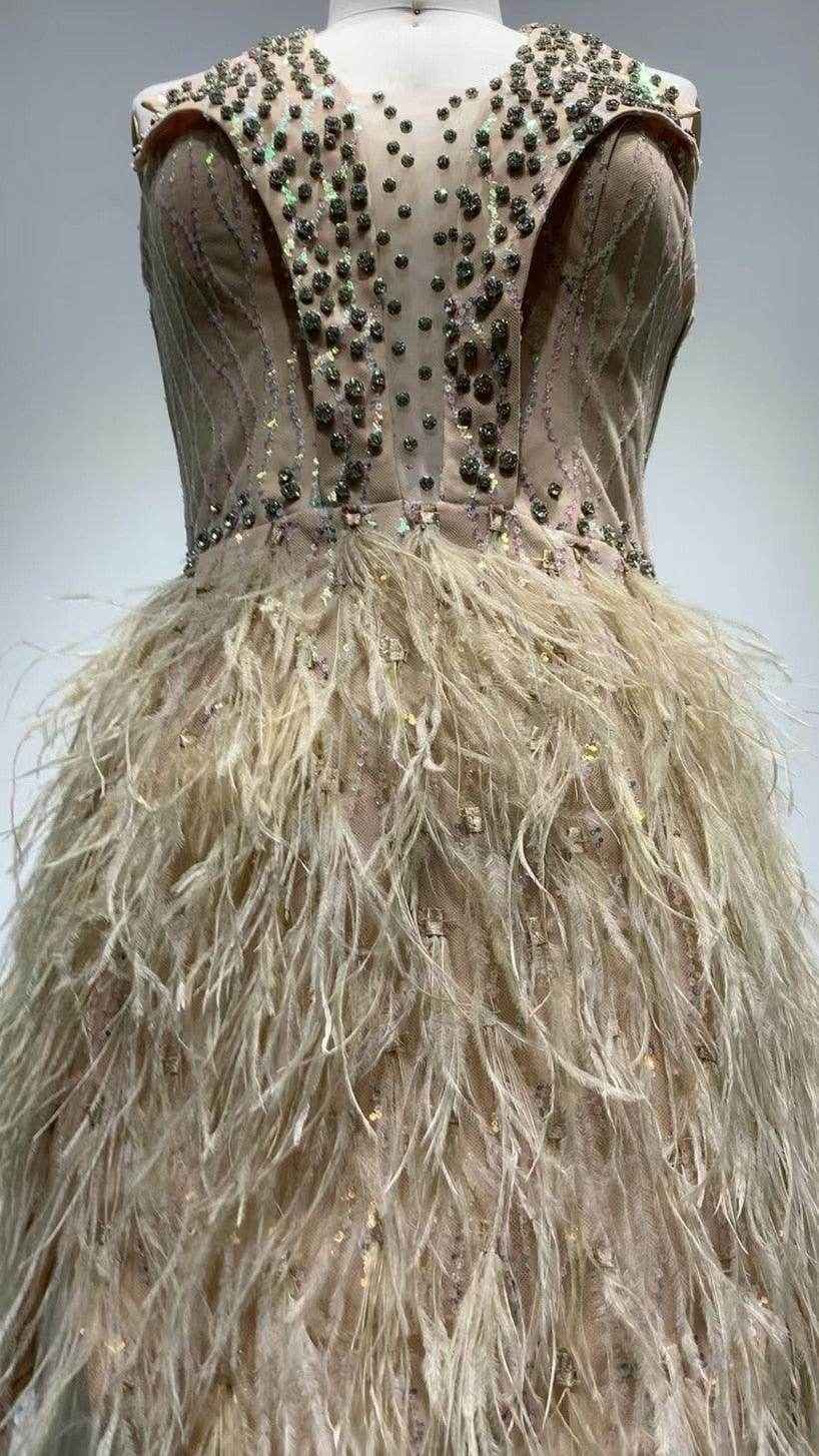 Sexy Deep V Neck Lace Feather Patchwork Dress
