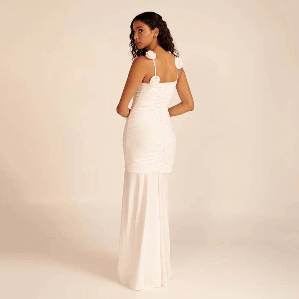 Sexy Pleated 3D Flower Spaghetti Strap V-Neck Split dress - REBECATHELABEL