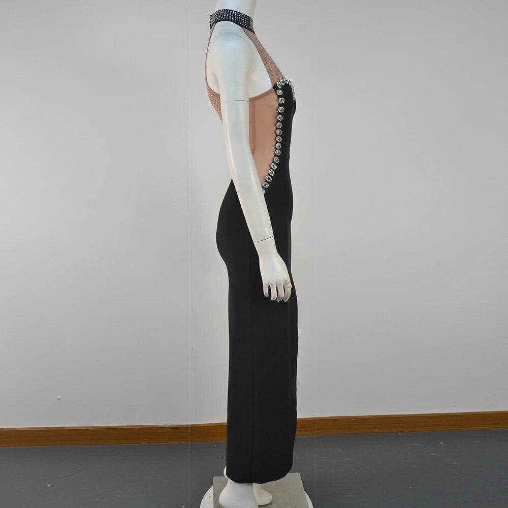 Sleeveless Diamond Mesh Long Bandage Dress - REBECATHELABEL