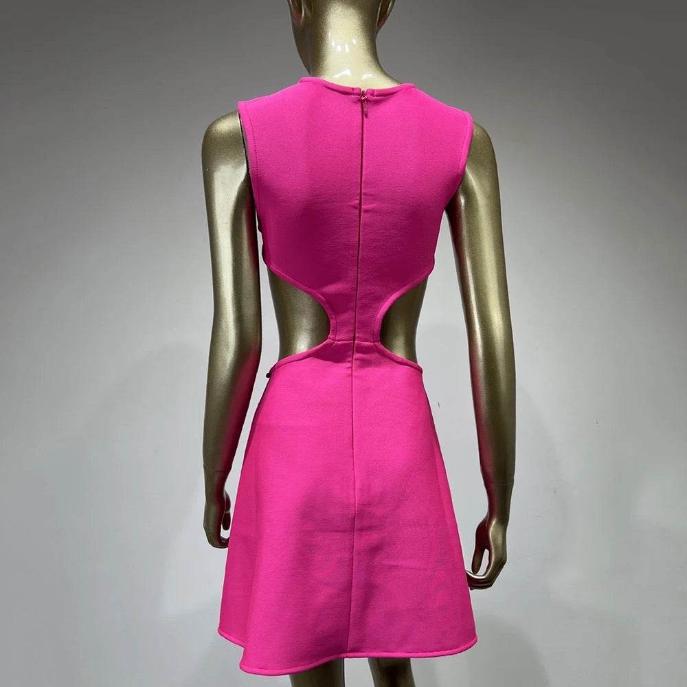 Sleeveless Hollow Flower Hot Pink A-Line Mini Tight Strap Dress - REBECATHELABEL