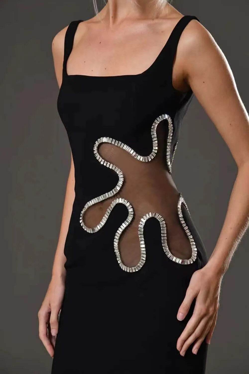 Sleeveless Waist Hollow Diamond Long Bandage Dress - REBECATHELABEL