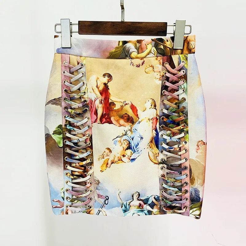 Slim Pencil Mini Vintage Printing Lace-up Skirt - REBECATHELABEL