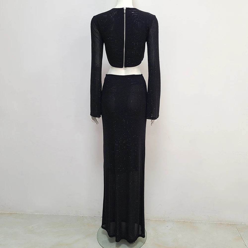 Sparkling Diamond Decoration Short Top Tight Skirt Set - REBECATHELABEL