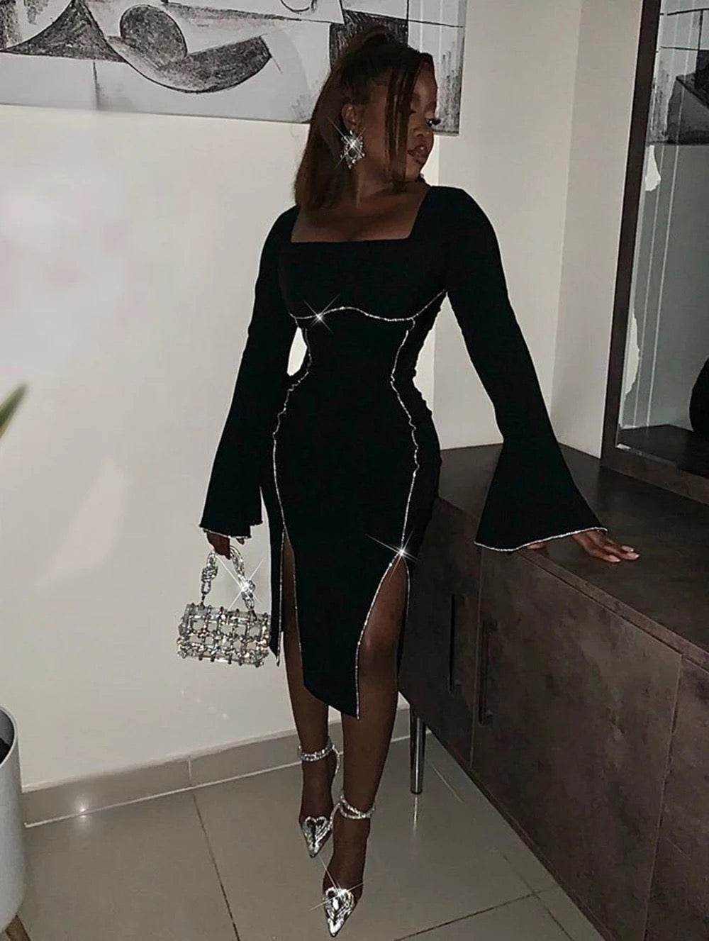 Square Neck Diamond Tight Midi Bandage Dress - REBECATHELABEL